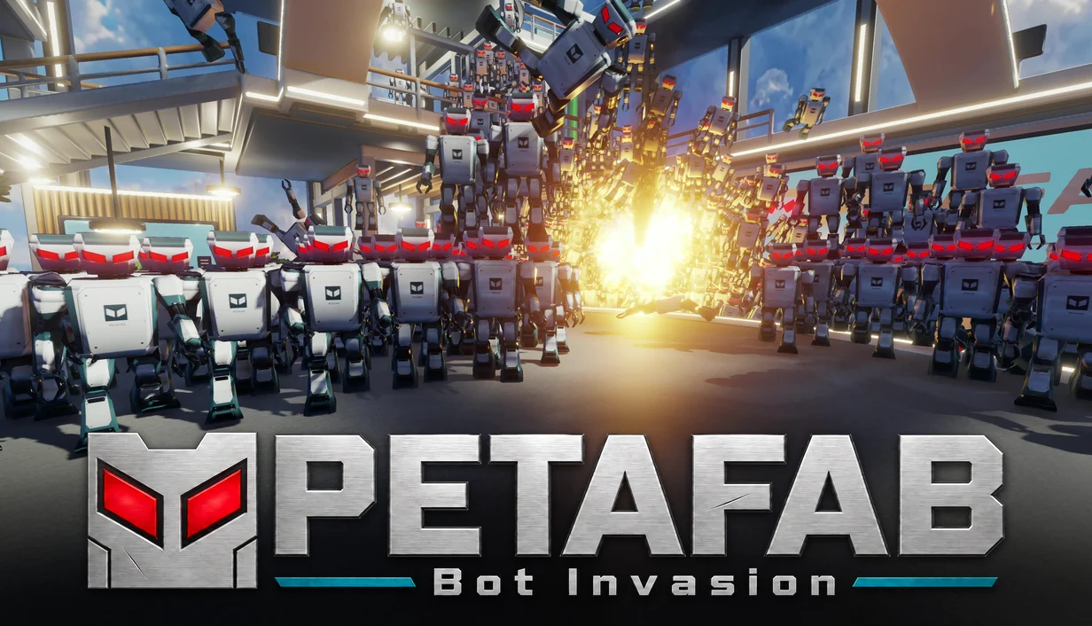 PETAFAB: Bot Invasion logo over an explosive battle with robot swarms.