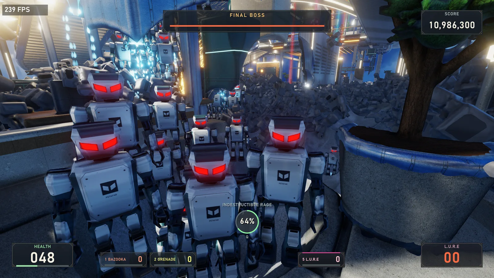 Red-eyed bots surround the player amid rubble inside the factory.