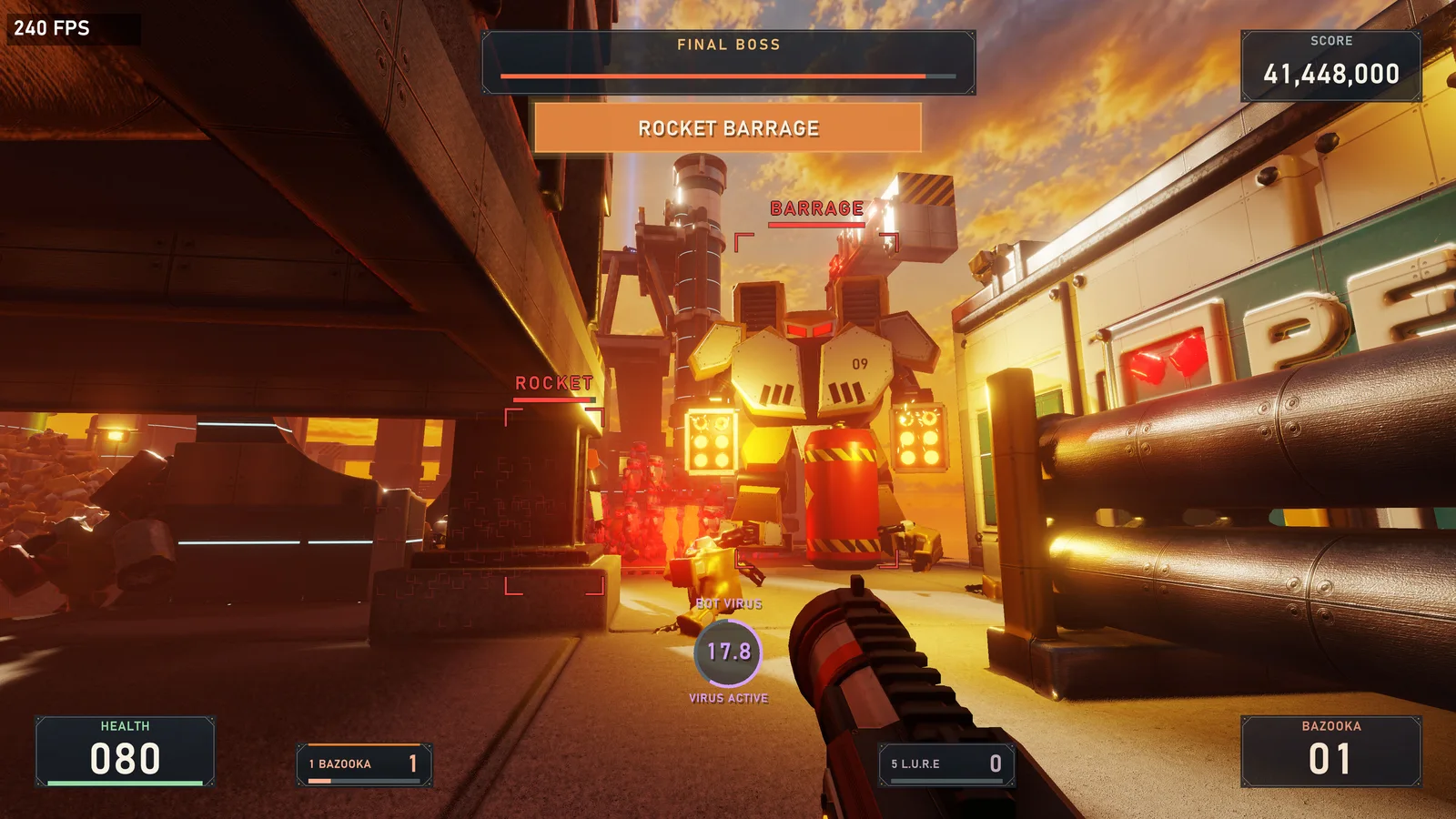 A giant siege bot fires a rocket barrage in the sunset-lit factory yard.