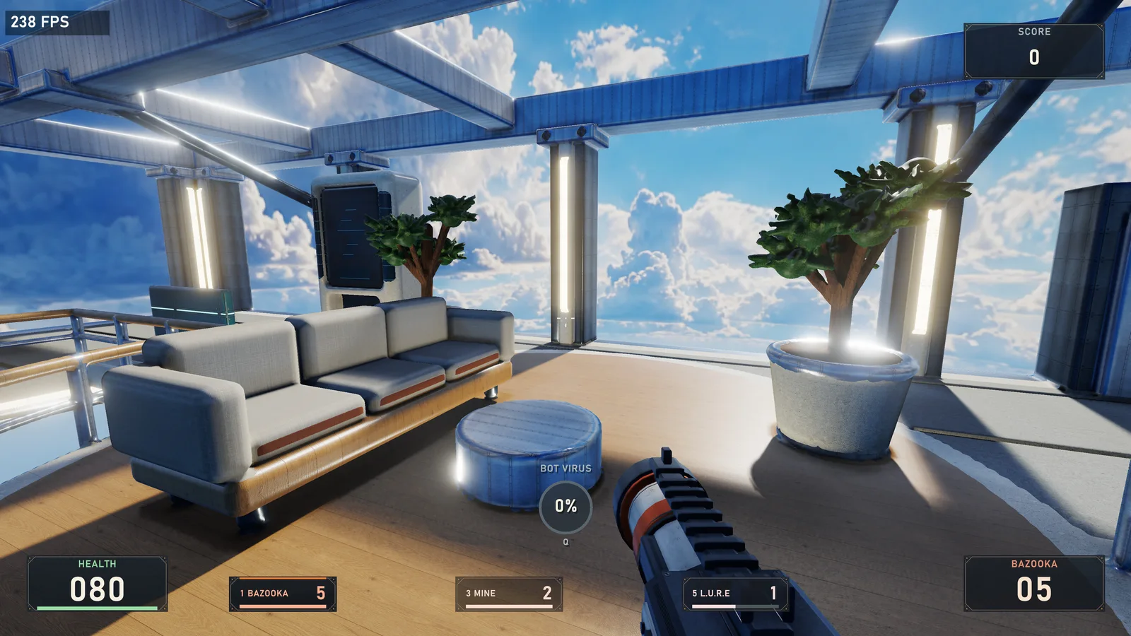 A bright factory lounge with a sofa, trees, and the player’s bazooka.