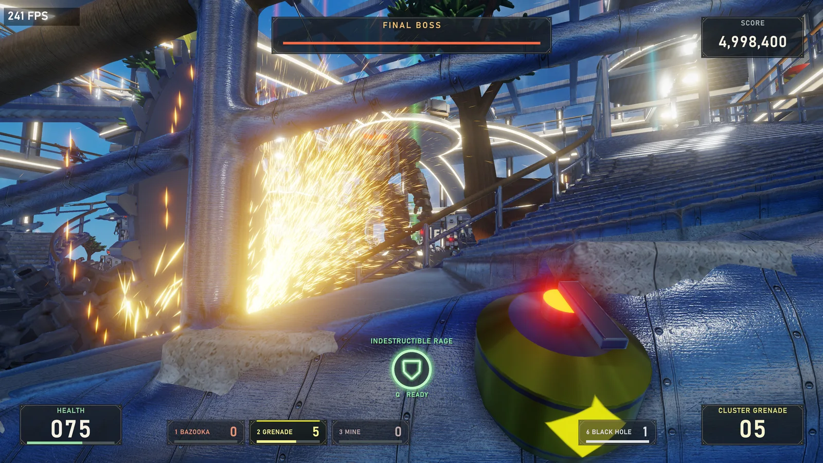 A cluster grenade and a burst of sparks during an indoor boss fight.